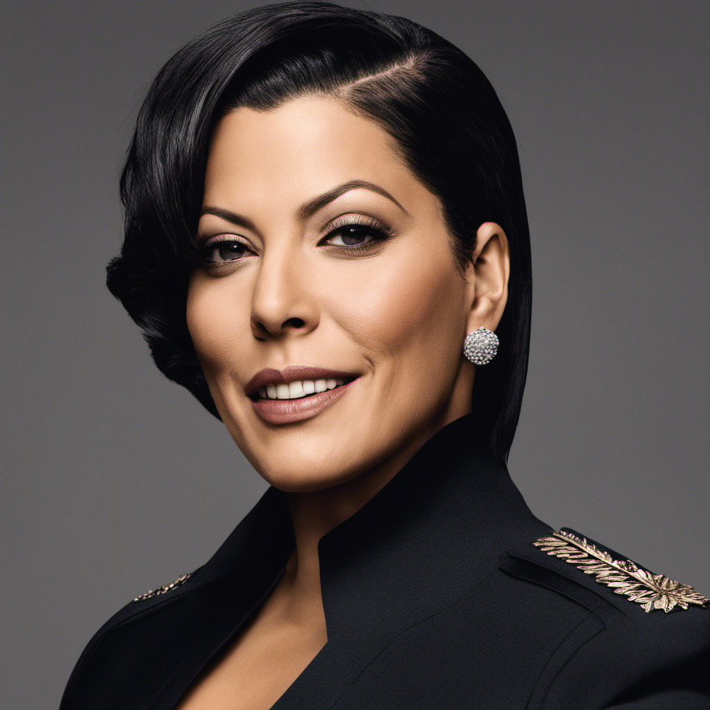 An image showcasing Sara Ramirez from Madam Secretary, with eyes closed and a serene smile, her newly shaved head reflecting the light, symbolizing a powerful transformation and igniting curiosity about her motivations