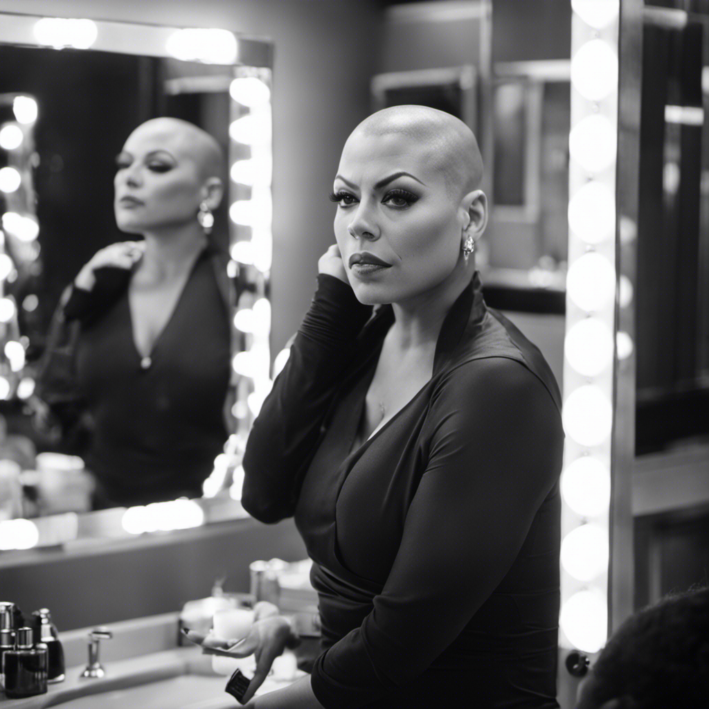 an intimate moment in black and white: Sara Ramirez, with a serene expression, gazes at her reflection in the mirror