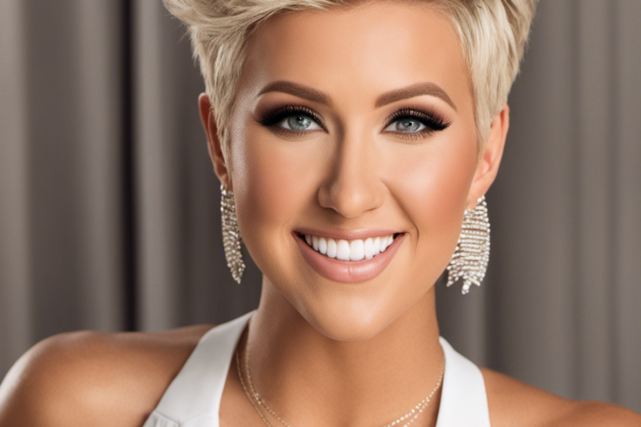 An image capturing Savannah Chrisley's transformation: a close-up shot of her confident face, radiant smile, and her newly shaved head glistening under the sunlight, showcasing her fearless decision and empowering journey