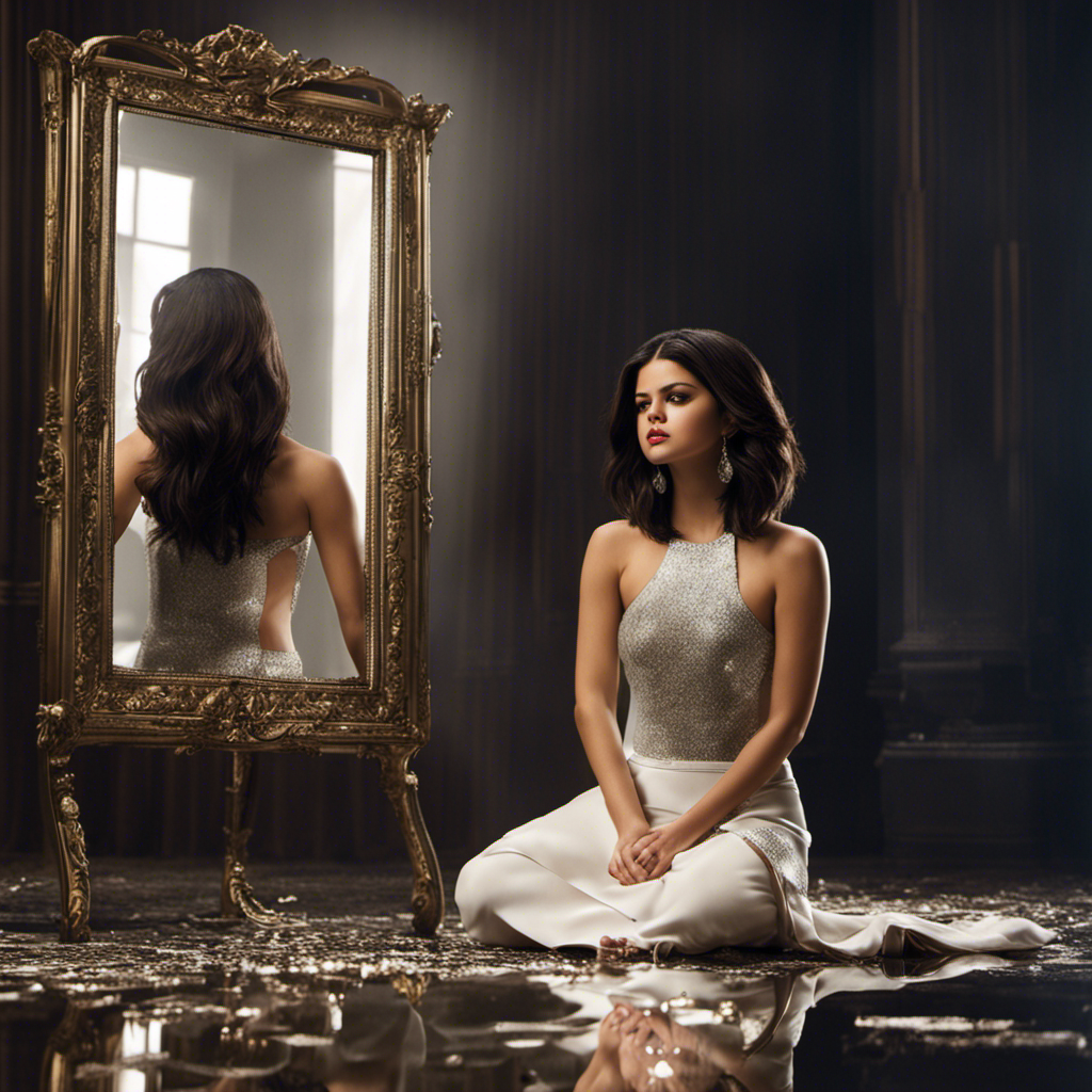 An image showcasing Selena Gomez in a dimly-lit room, a mirror shattered on the floor, her head completely shaved, gazing at her reflection with a mix of vulnerability and determination