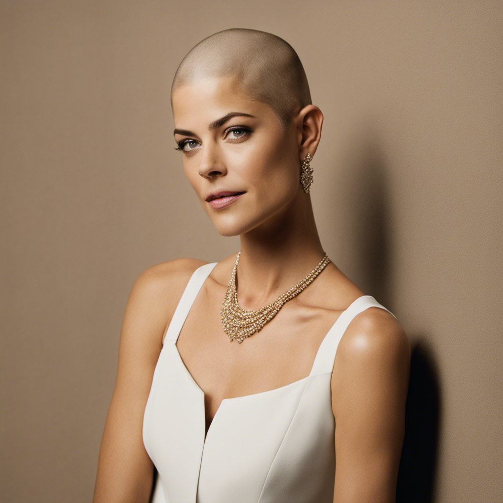 An image that captures the raw emotion and vulnerability of Selma Blair's shaved head, highlighting her courage and personal journey through a close-up shot of her serene face, adorned with a soft, radiant smile