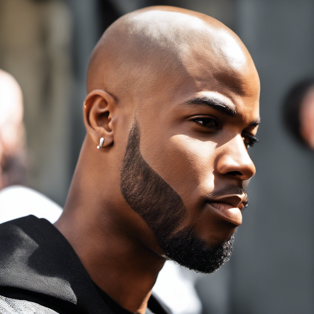 An image showcasing Shamar Moore's transformation: a close-up shot of his newly shaved head, capturing the glistening reflection of sunlight on his smooth scalp, accentuating the rugged masculinity and boldness of his new look
