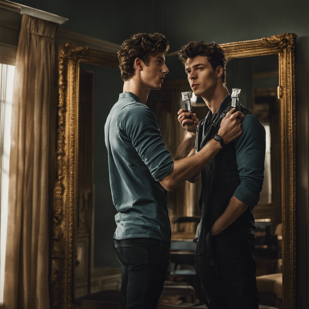 An image capturing Shawn Mendes standing in front of a mirror, his face reflecting surprise and anticipation
