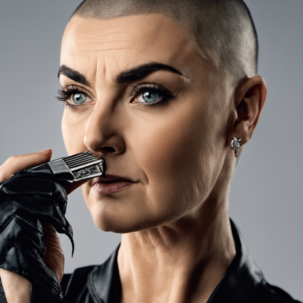 An image showcasing a close-up view of Sinead O'Connor's confident face, her eyes filled with determination, as she holds a razor in one hand and gently runs it along her scalp, capturing the powerful moment when she decided to shave her head