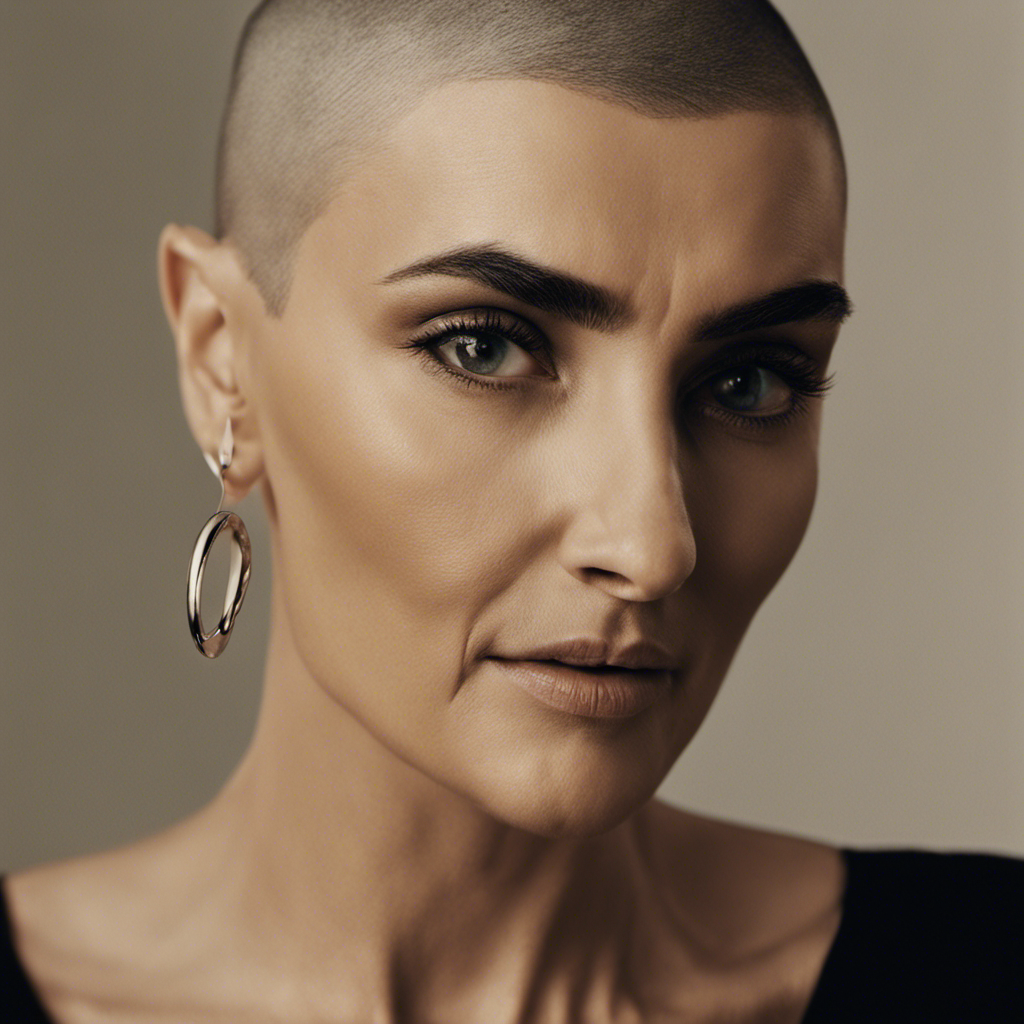An image that captures the essence of Sinead O'Connor's transformation: a close-up shot of a razor gliding across a woman's head, her face reflecting both vulnerability and empowerment as locks of hair gracefully fall to the ground