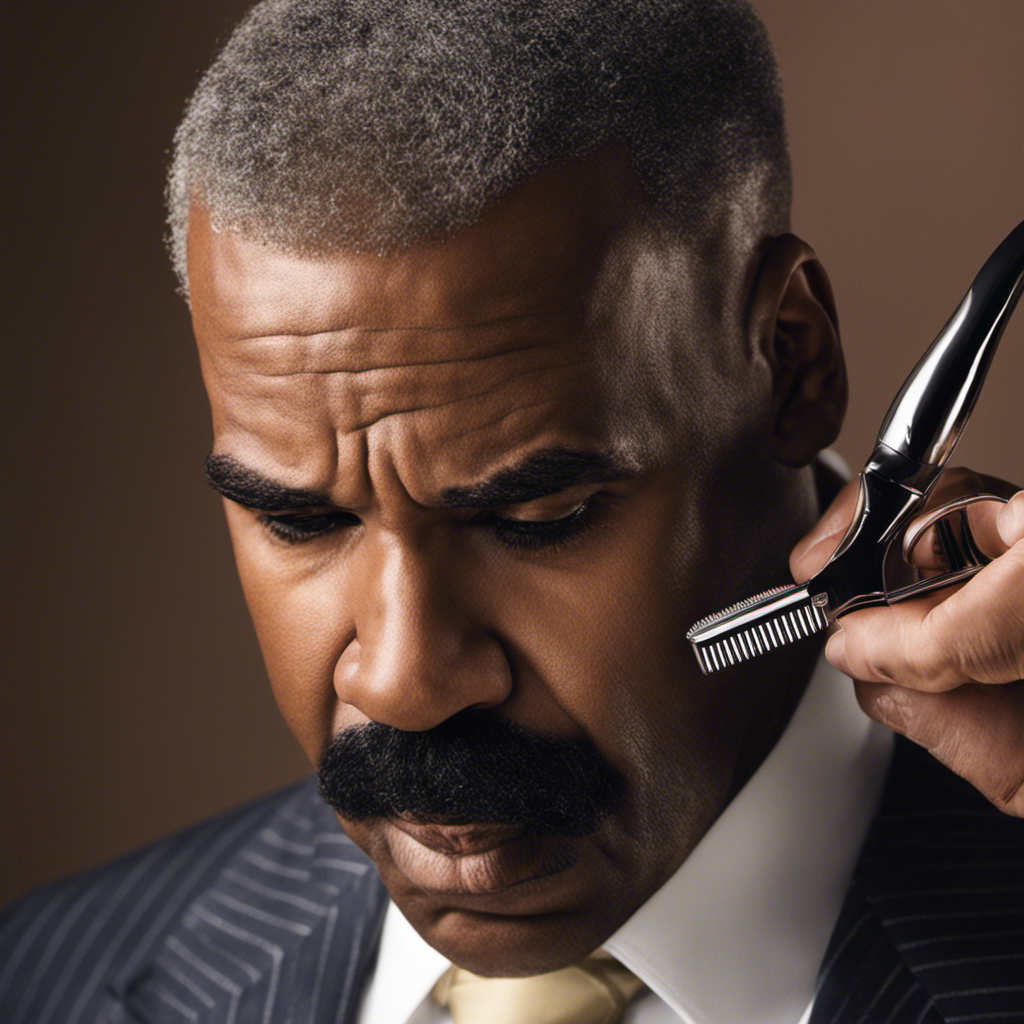 Depict Steve Harvey's transformation: a close-up image capturing the glint of determination in his eyes as a barber's hand, holding clippers, moves towards his thick, salt-and-pepper hair