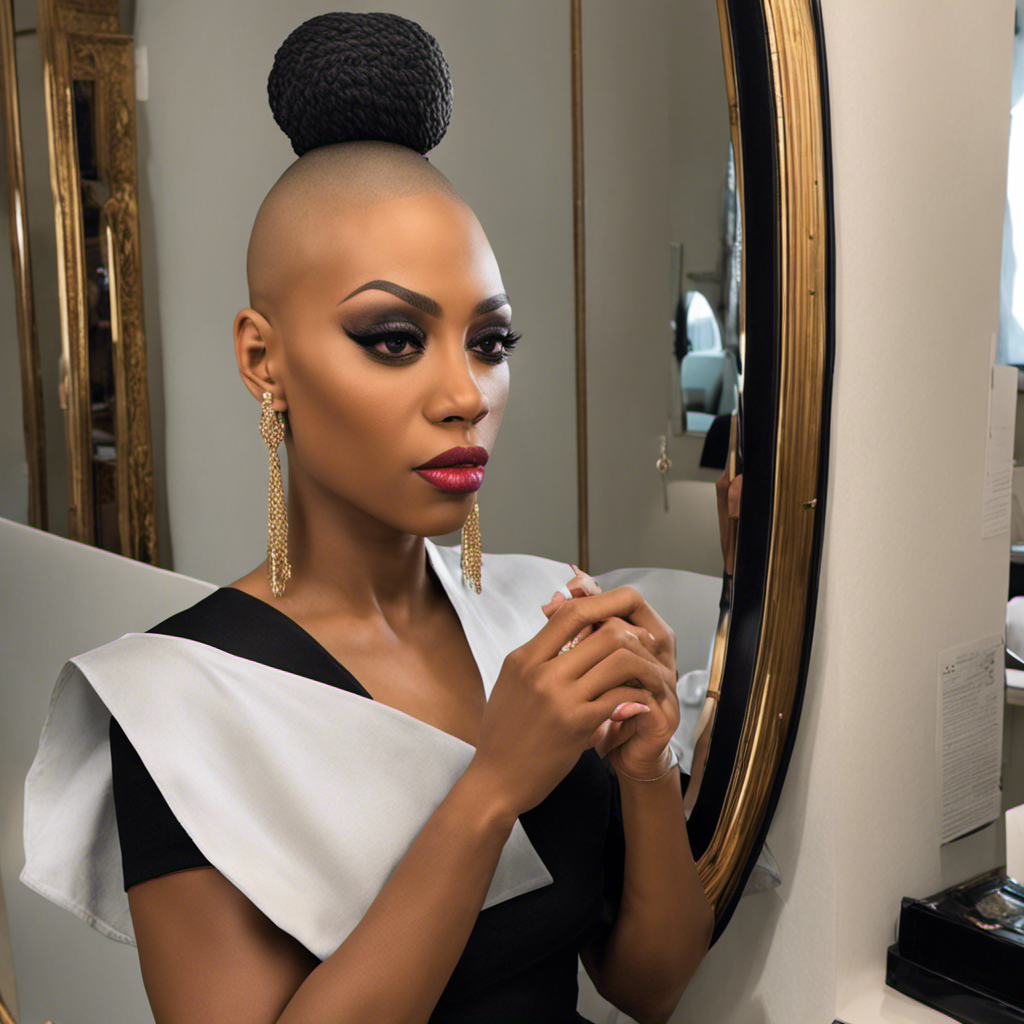 An image capturing Tamar, her head shaved, standing before a mirror, reflecting her determination and strength