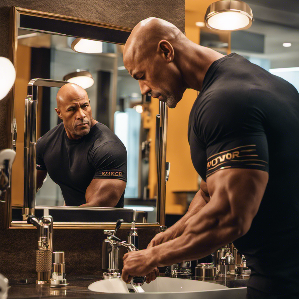 An image showcasing a mirror reflecting the Rock's confident expression as he cleanly shaves his head, revealing his baldness