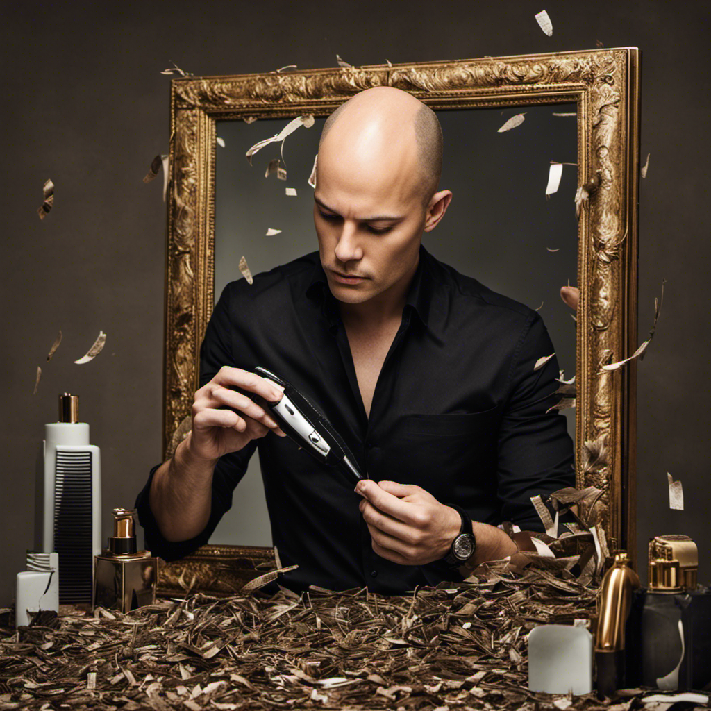 An image of a bald Tock standing in front of a mirror, surrounded by discarded hair clippings