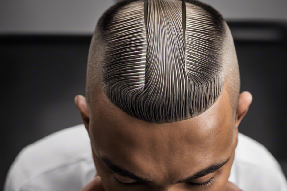 An image depicting a close-up of a clean-shaven scalp, revealing intricate razor patterns