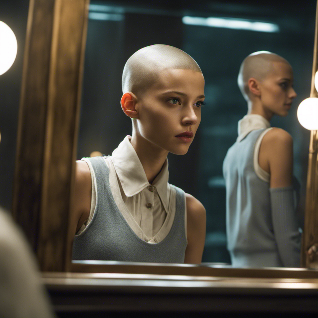 An image showcasing Eleven's freshly shaved head, revealing her vulnerable expression as she gazes at herself in the mirror, while her friends stand nearby, a mix of concern and determination in their eyes