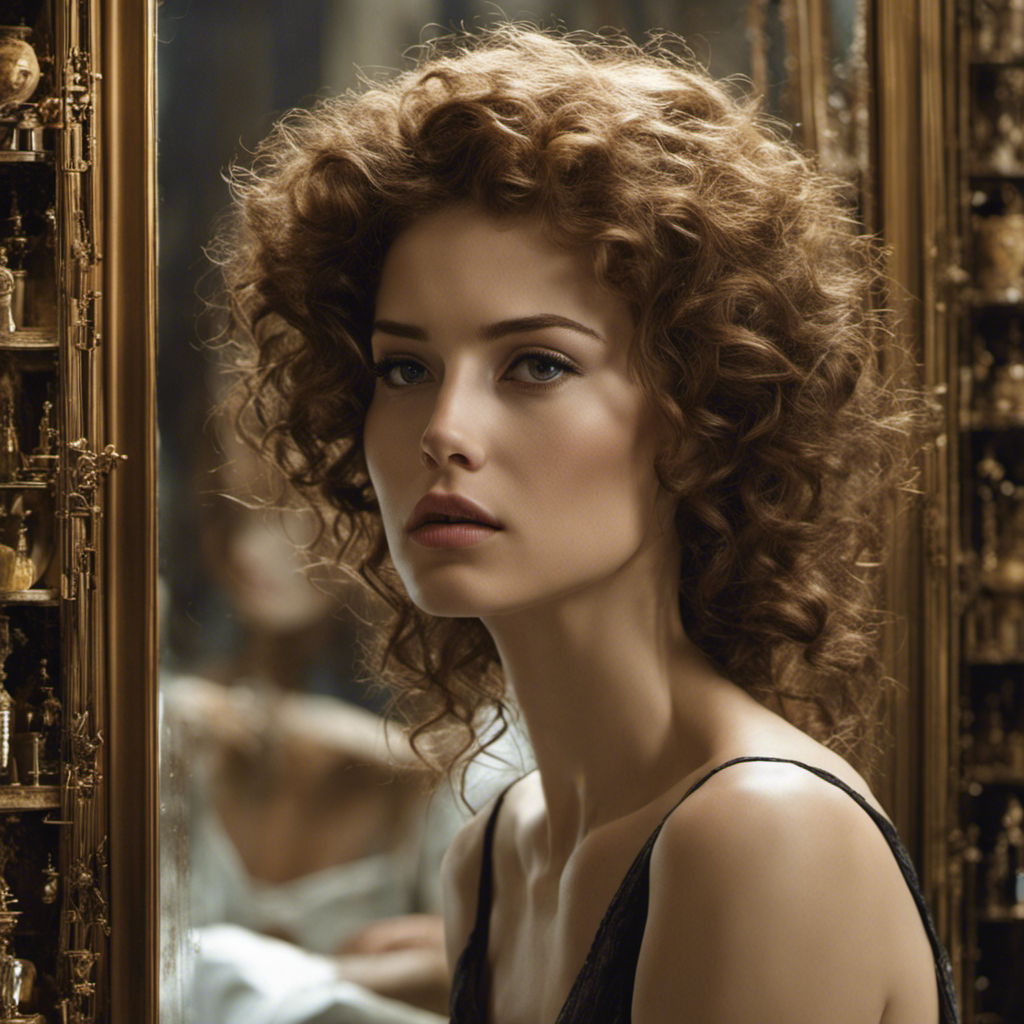 An image of a bareheaded Joanna in front of a mirror, surrounded by scattered locks of her once luscious hair