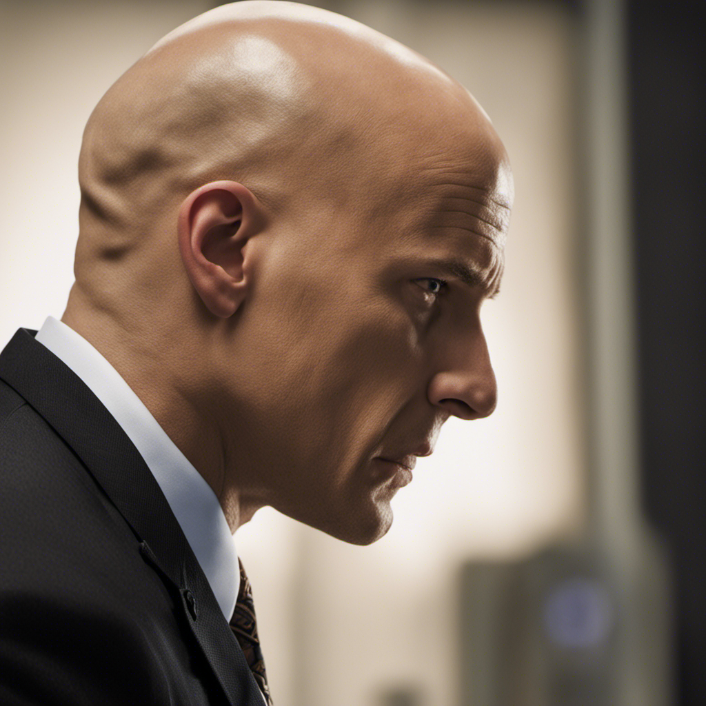 An image showcasing a close-up of a bald-headed Lex Luthor, his expression revealing a mix of calculated menace and vulnerability