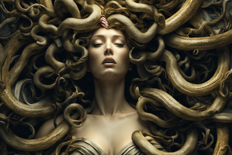 An image depicting Medusa's disempowerment, displaying a close-up of her anguished face framed by serpentine locks forcefully severed, lying scattered on the ground, symbolizing the tragic loss of her power and identity