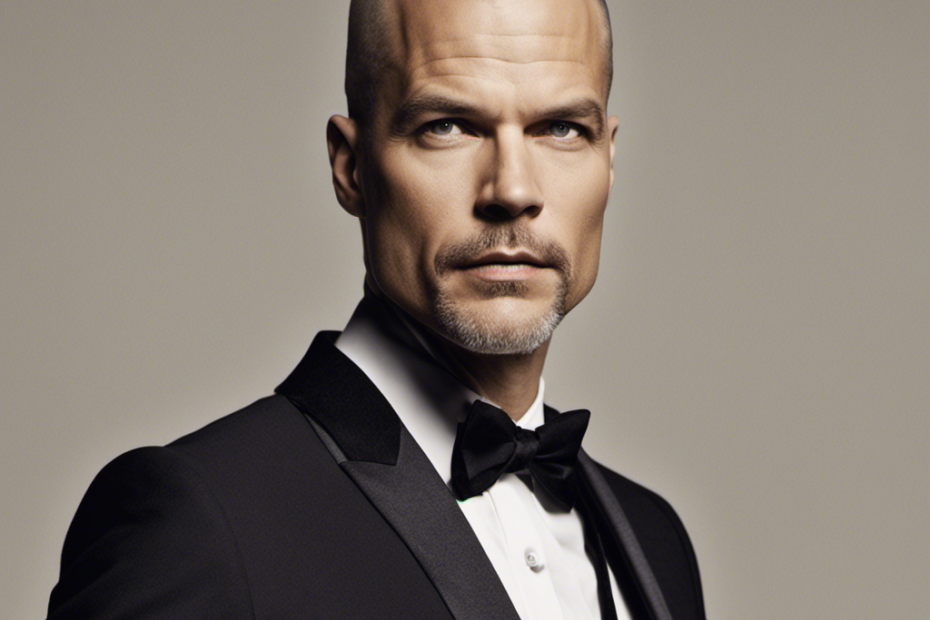 An image showcasing Timothy Olyphant's transformed look, featuring his newly shaved head