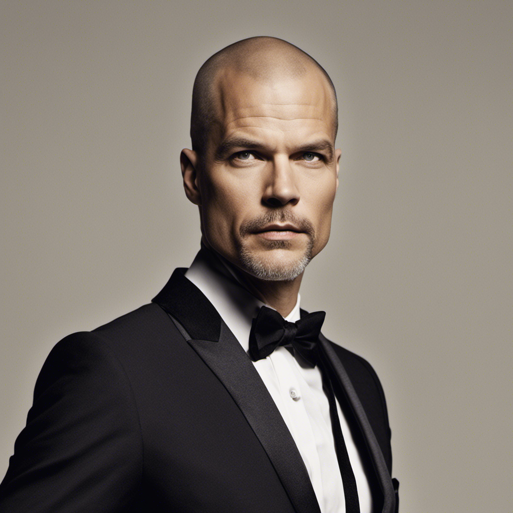 An image showcasing Timothy Olyphant's transformed look, featuring his newly shaved head