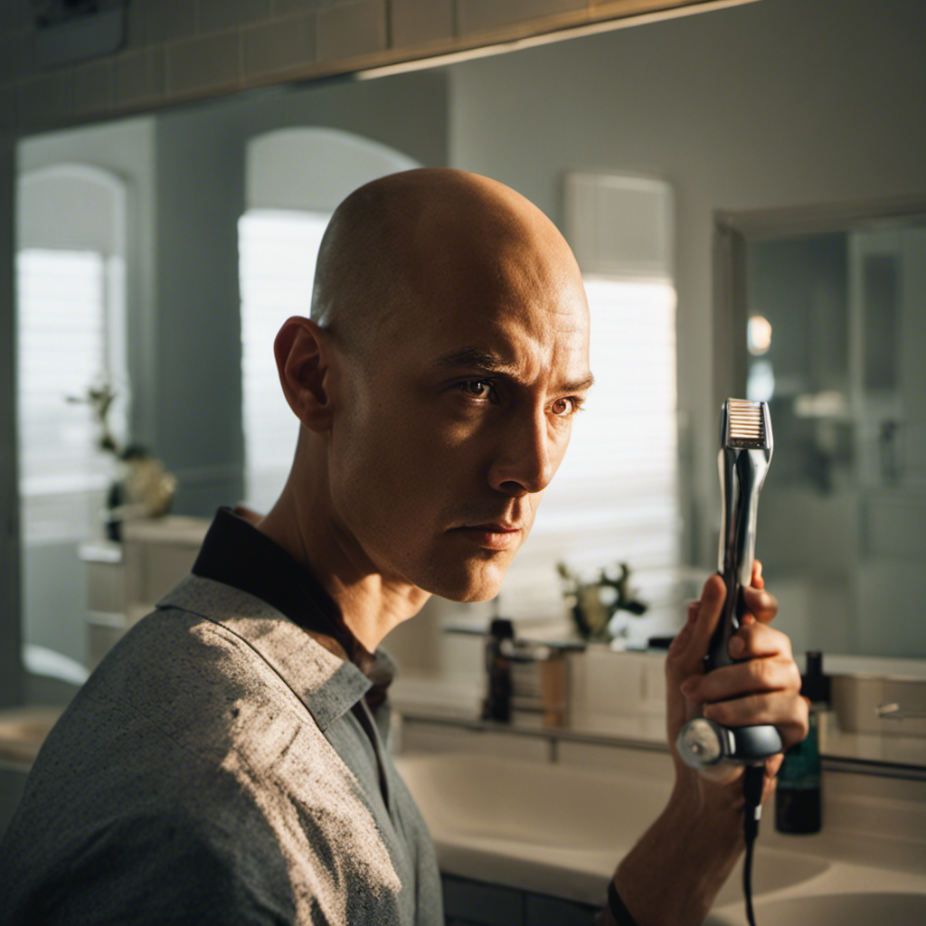An image featuring Tom Park in front of a mirror, his electric razor lying on the bathroom sink