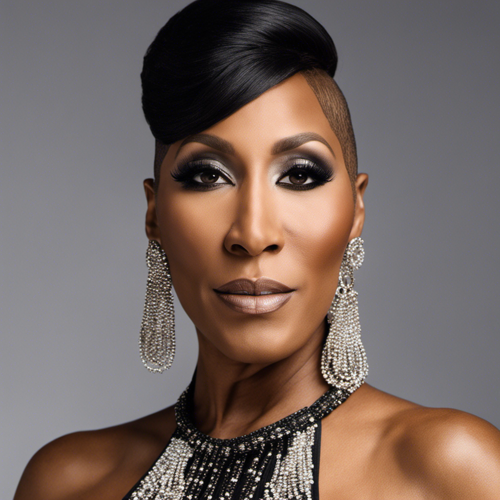 An image capturing Towanda Braxton's hair transformation: a close-up shot of her confident, radiant face, focused on her freshly shaved head, highlighting the delicate play of light and shadow on her smooth, bold scalp