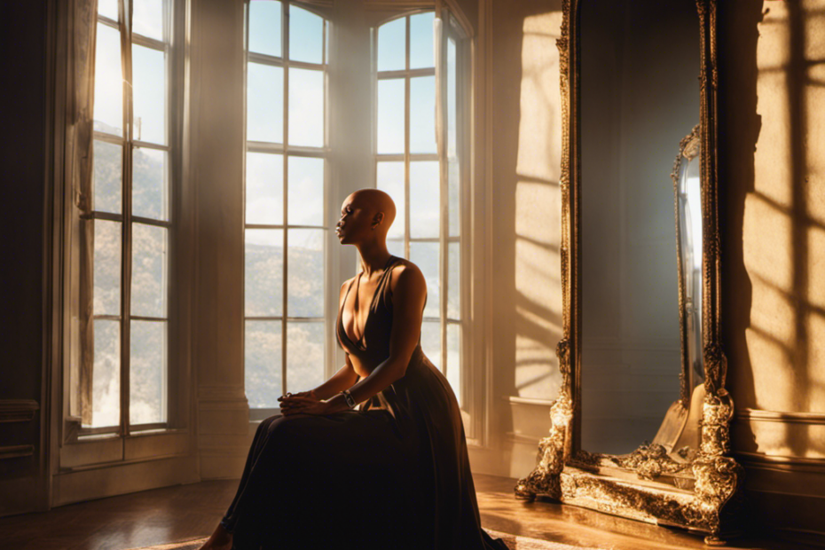An image featuring a woman, Towanda, sitting in front of a mirror, her reflection showing her newly shaved head