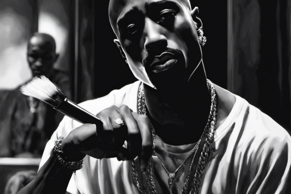 An image of Tupac in black and white, sitting in a dimly lit room, with a razor in one hand and his reflection in a mirror