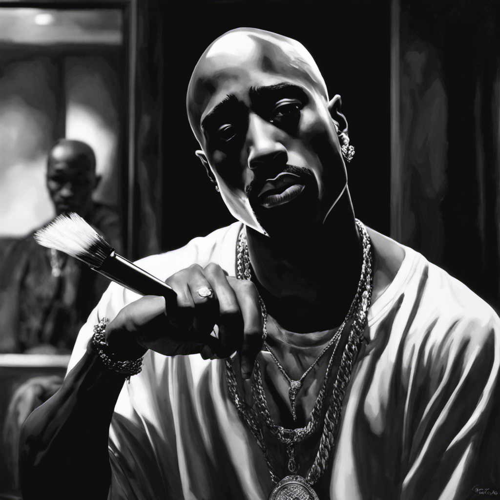 An image of Tupac in black and white, sitting in a dimly lit room, with a razor in one hand and his reflection in a mirror