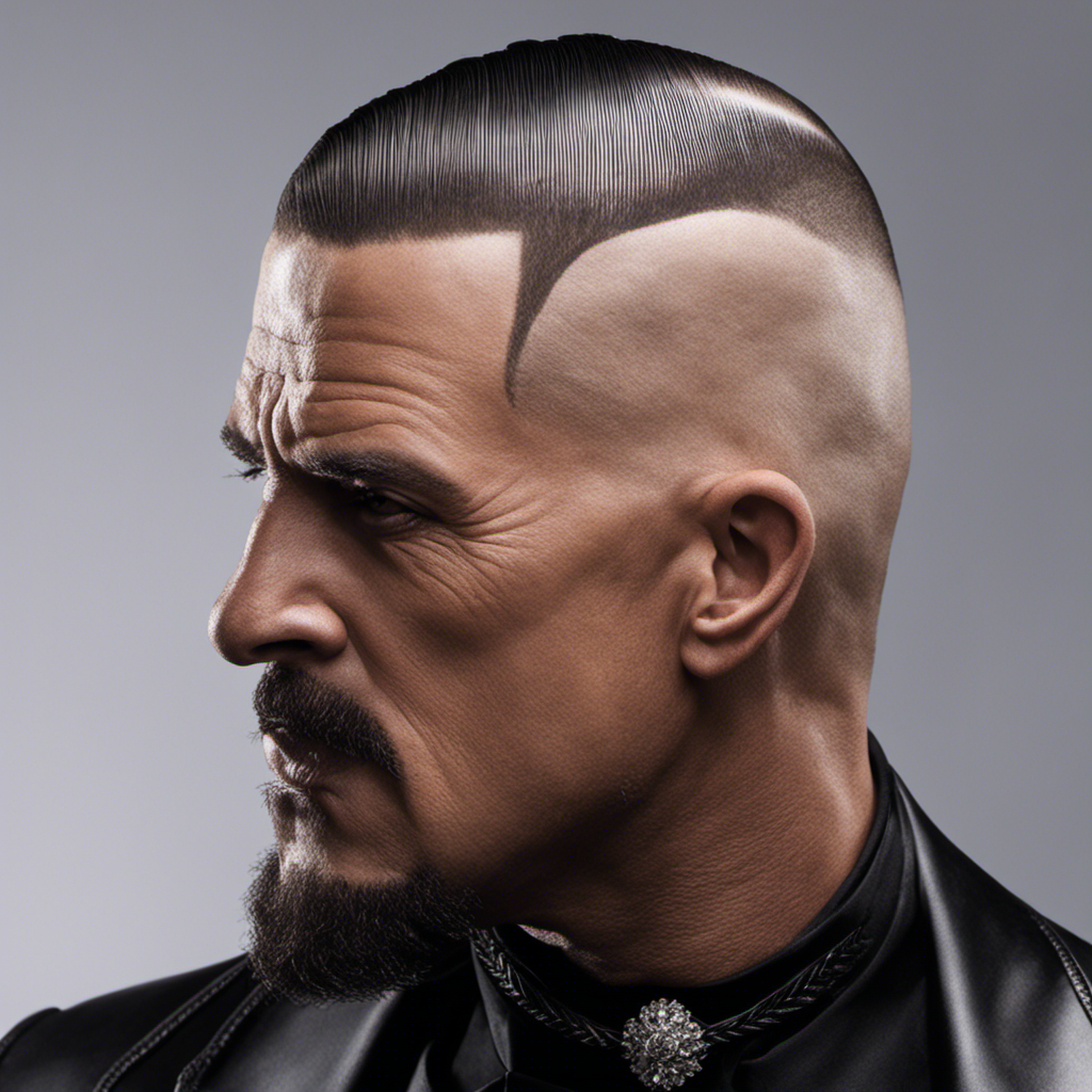 An image showcasing a close-up of Undertaker's smooth, glistening scalp, highlighting the intricate razor marks and his transformed appearance, sparking curiosity about the reason behind his bold decision to shave his head