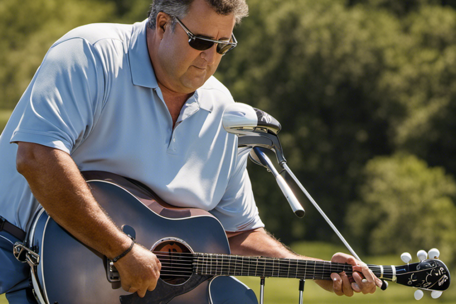 An image capturing a close-up of Vince Gill's freshly shaved head, glistening under the sun's rays, as he stands on a golf course, his clubs neatly arranged nearby, leaving viewers pondering the reason behind his bold transformation