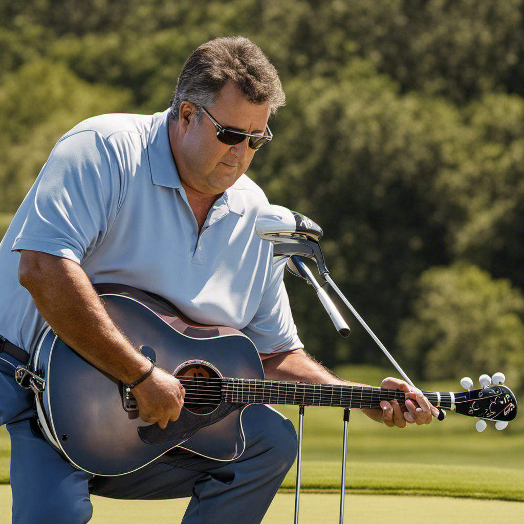 An image capturing a close-up of Vince Gill's freshly shaved head, glistening under the sun's rays, as he stands on a golf course, his clubs neatly arranged nearby, leaving viewers pondering the reason behind his bold transformation