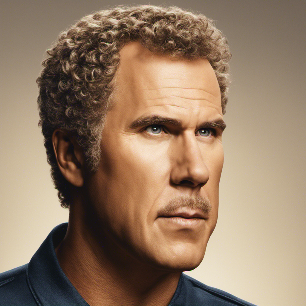 Create an image capturing the enigmatic transformation of Will Ferrell's appearance, showcasing his newly shaved head