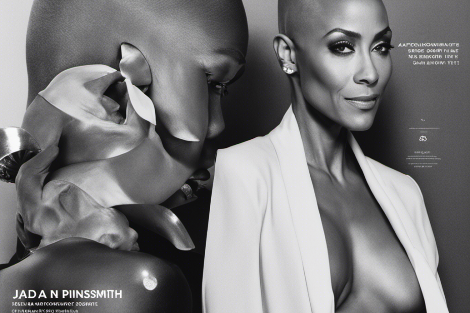 Create an image showcasing Jada Pinkett Smith's bold transformation, capturing the essence of her courage and individuality as she confidently embraces her shaved head, inspiring others to embrace their authentic selves
