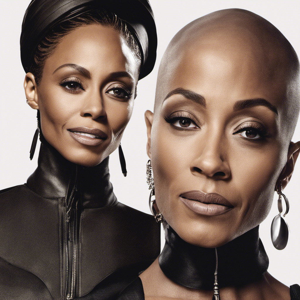 Create a captivating image that captures the enigmatic essence of Jada Pinkett Smith's transformation, showcasing her audacious decision to embrace a clean-shaven head