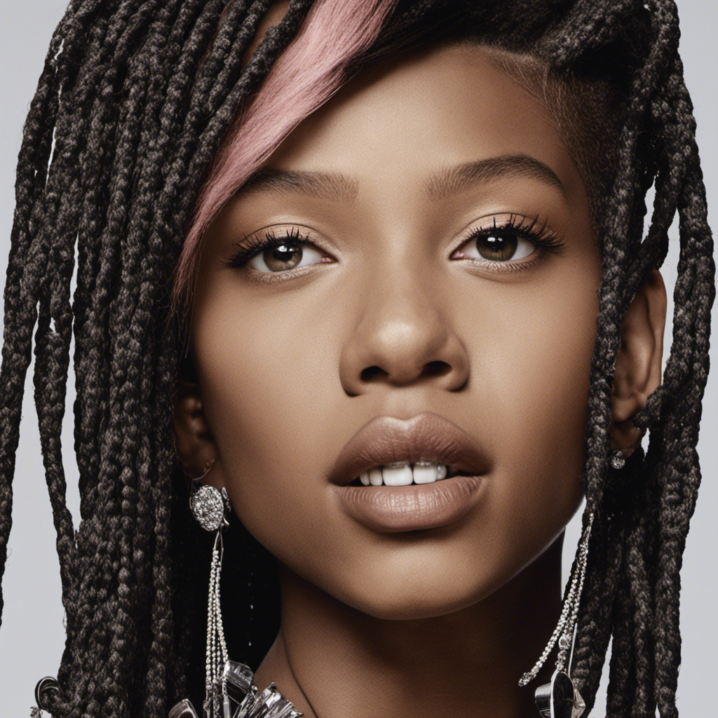 An image capturing Willow Smith's bold transformation: a close-up shot of her radiant face, framed by her freshly shaved head, accentuating her confident eyes and the symbolic liberation of shedding societal expectations