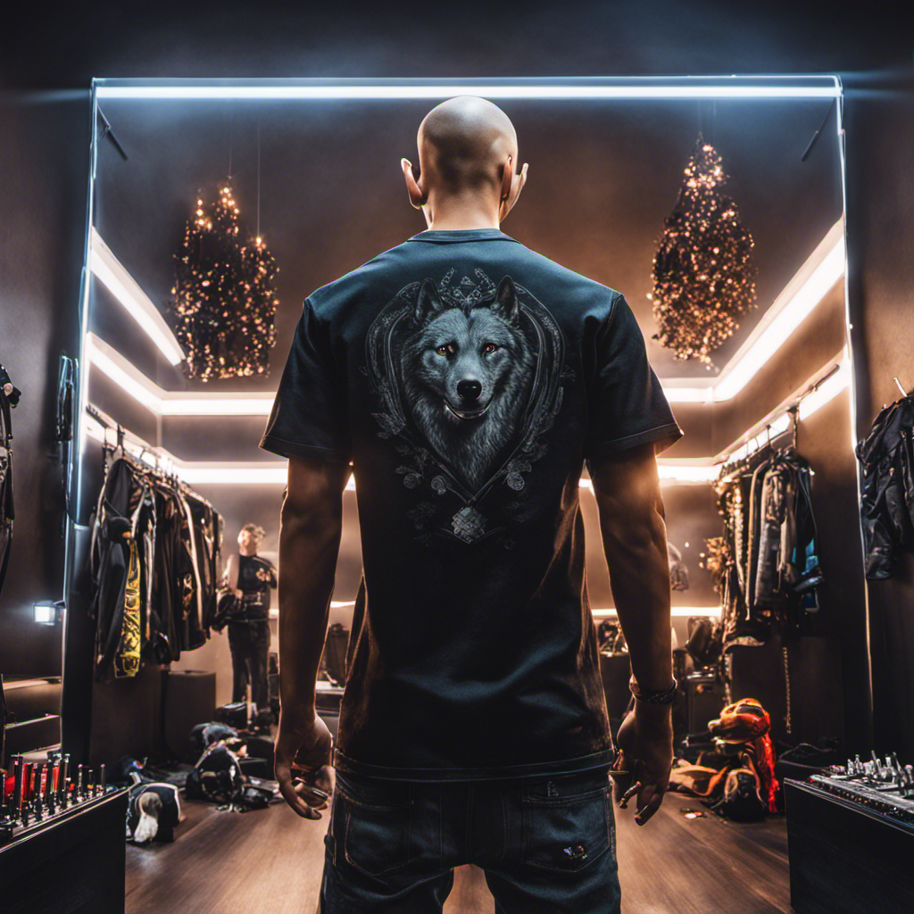 An image showcasing Wubwoofwolf, the renowned Osu! player, standing tall in front of a mirror, his freshly shaven head reflecting the glimmering razor, as locks of hair lay scattered on the floor