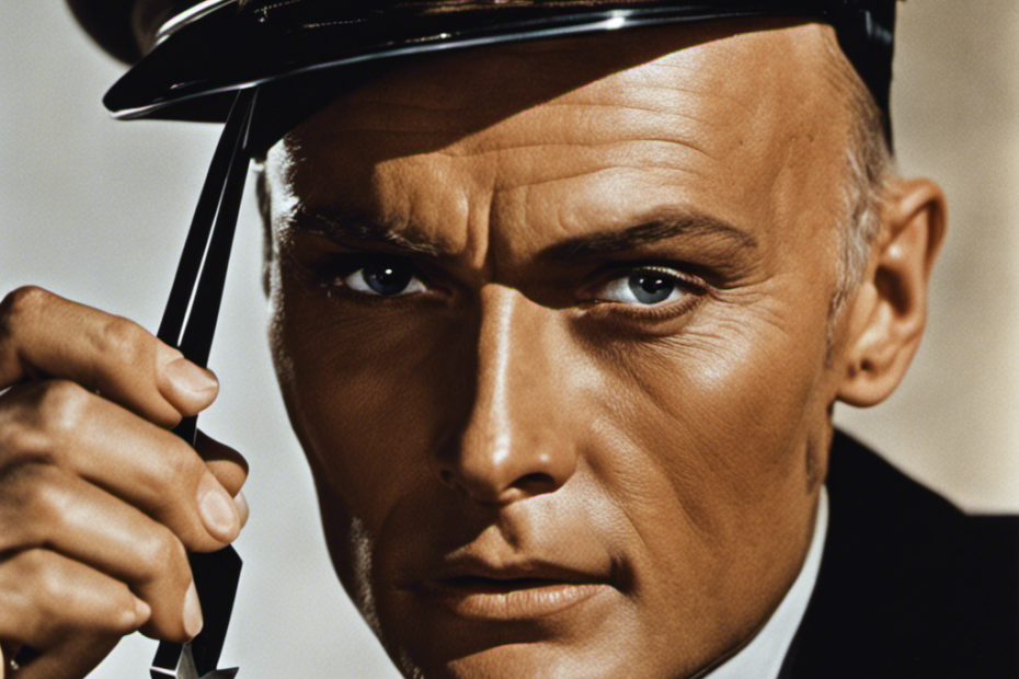 An image showcasing Yul Brynner's enigmatic transformation: a close-up shot capturing the glint of a razor against his scalp, the falling strands of his iconic hair, and a stoic expression revealing the secret behind his decision