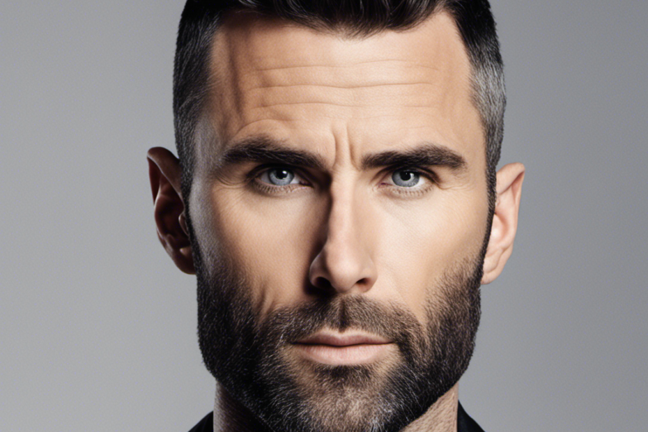 An image showcasing a close-up shot of Adam Levine's unshaven head, with tousled, dark locks cascading effortlessly down his forehead, prompting curiosity about his decision not to shave