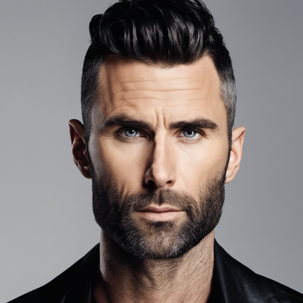 An image showcasing a close-up shot of Adam Levine's unshaven head, with tousled, dark locks cascading effortlessly down his forehead, prompting curiosity about his decision not to shave