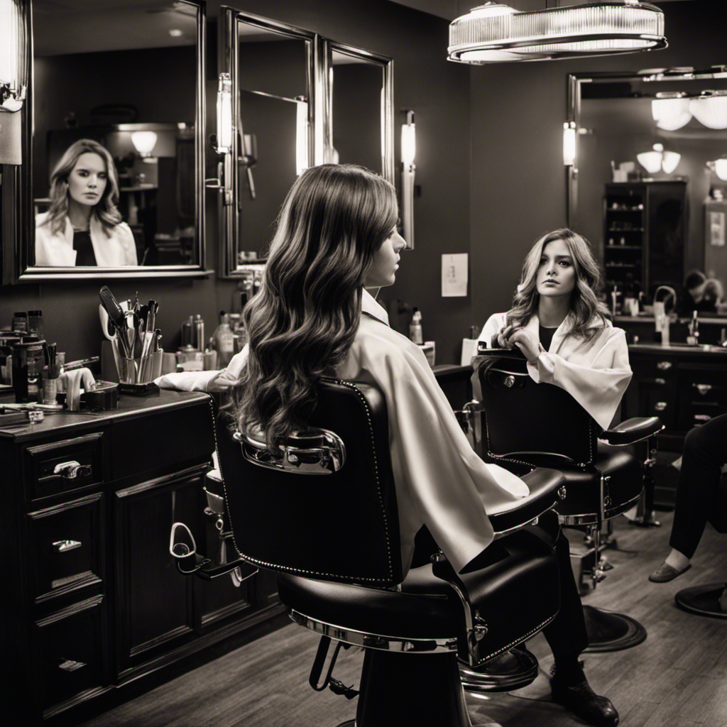 Create an image capturing the moment when Amanda, with a determined look in her eyes, sits in a barber's chair, surrounded by mirrors reflecting her long, flowing hair, as the hairstylist raises the clippers to her head