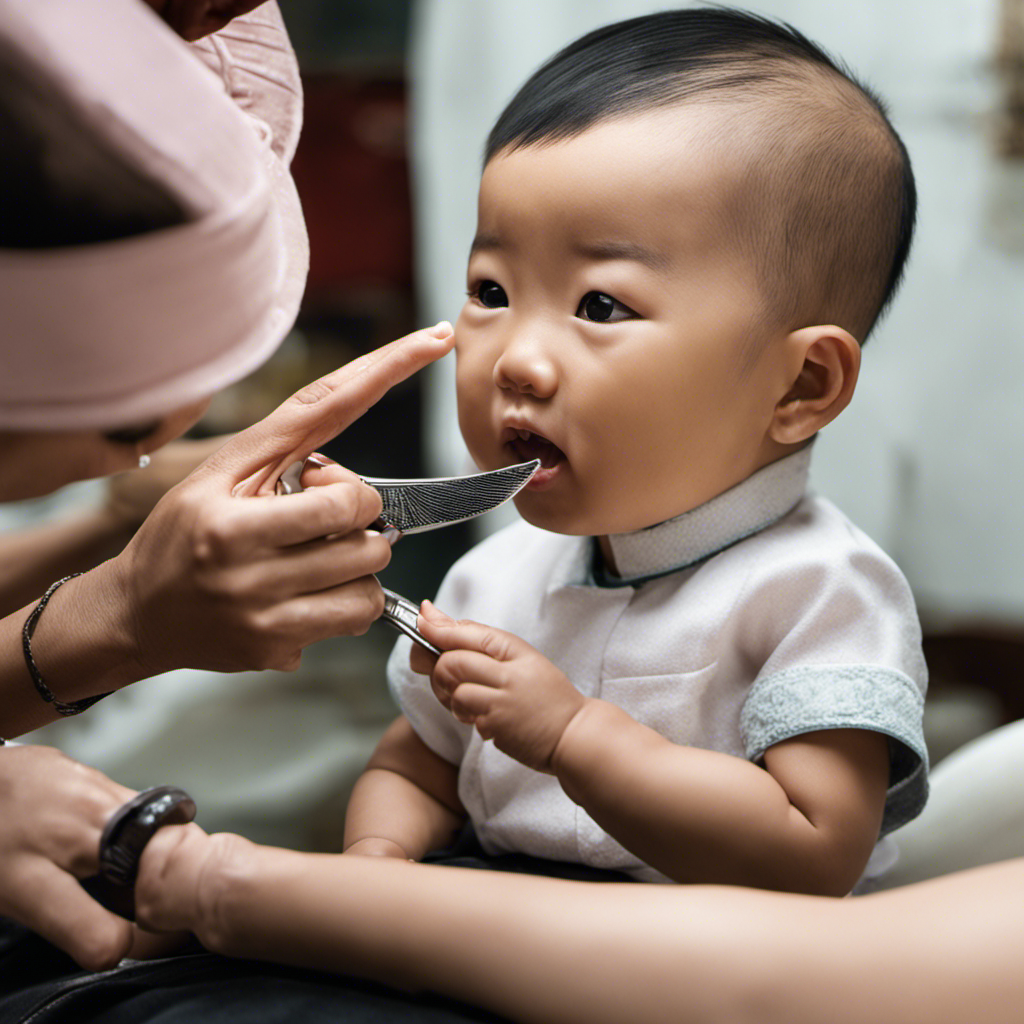 An image featuring a close-up shot of an Asian baby's head being gently shaved with a traditional razor, showcasing the meticulous precision and cultural significance behind this practice