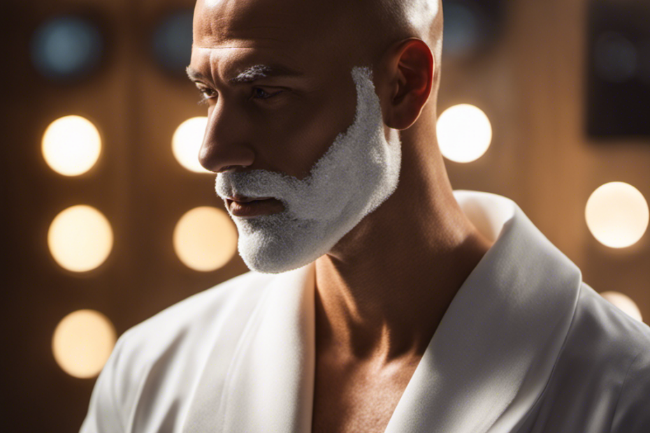 An image showcasing a bald person with a gleaming razor in hand, surrounded by a soft foam