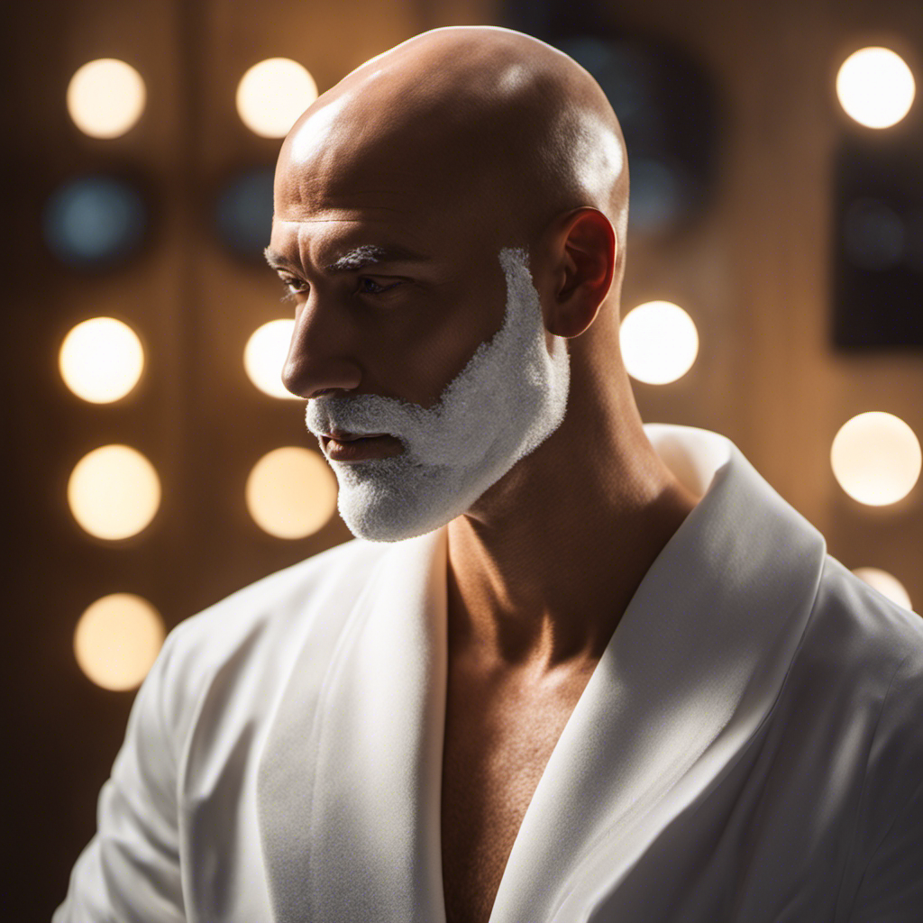 An image showcasing a bald person with a gleaming razor in hand, surrounded by a soft foam