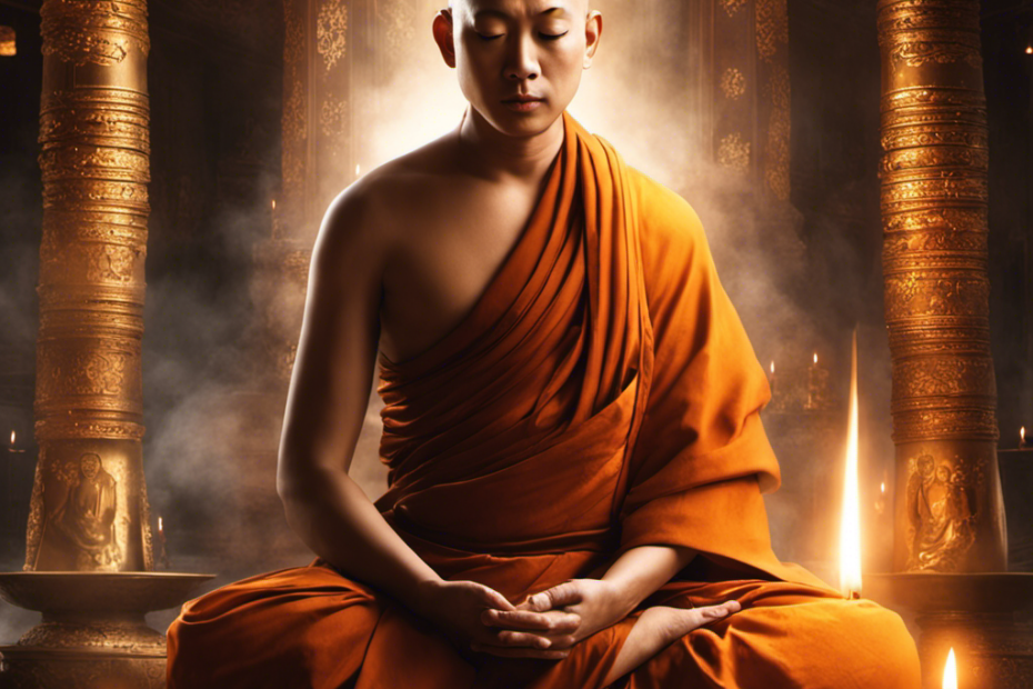 An image capturing the tranquility of a bald Buddhist monk seated cross-legged in a secluded temple, gently shaving their head with a serene expression, surrounded by flickering candlelight and incense smoke