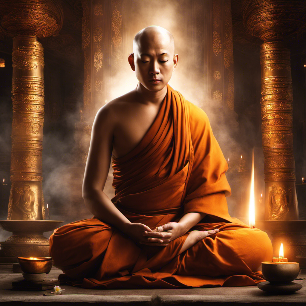 An image capturing the tranquility of a bald Buddhist monk seated cross-legged in a secluded temple, gently shaving their head with a serene expression, surrounded by flickering candlelight and incense smoke