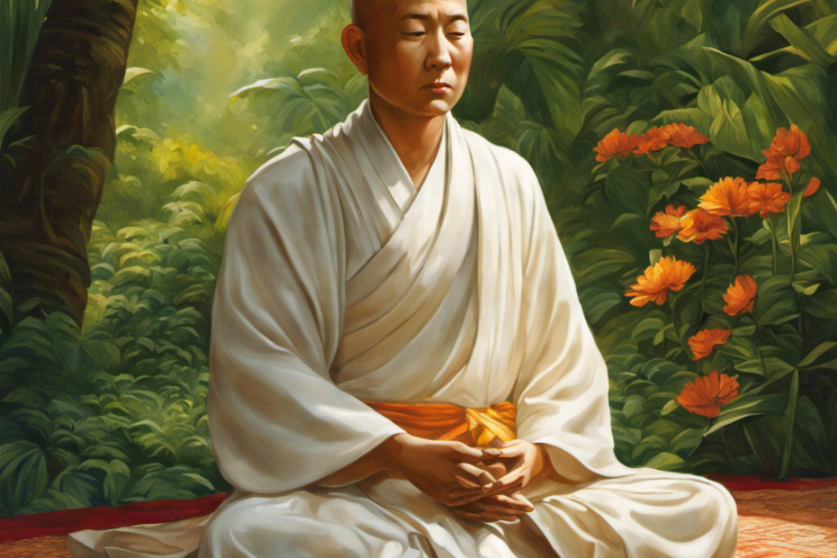 An image that showcases a serene Buddhist monk seated cross-legged, his clean-shaven head glistening in the soft sunlight