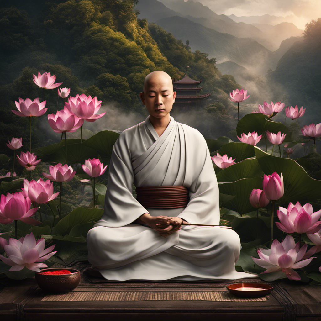 An image showcasing a bald Buddhist monk sitting cross-legged, gently shaving their head with a silver razor, surrounded by peaceful incense smoke and a serene backdrop of lush mountains and blooming lotus flowers