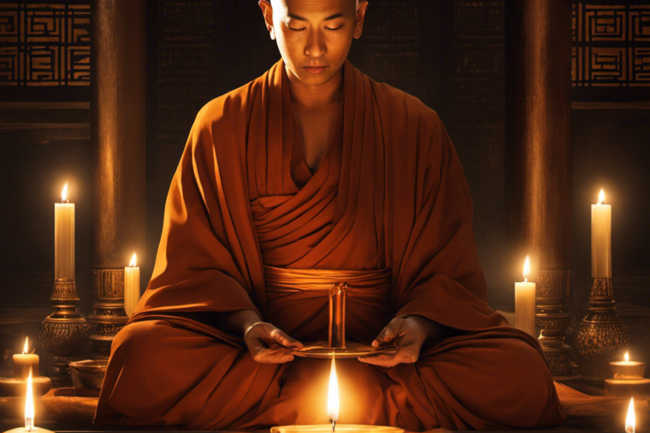 An image that captures a serene Buddhist monk seated in meditation, their clean-shaven head glistening under soft candlelight