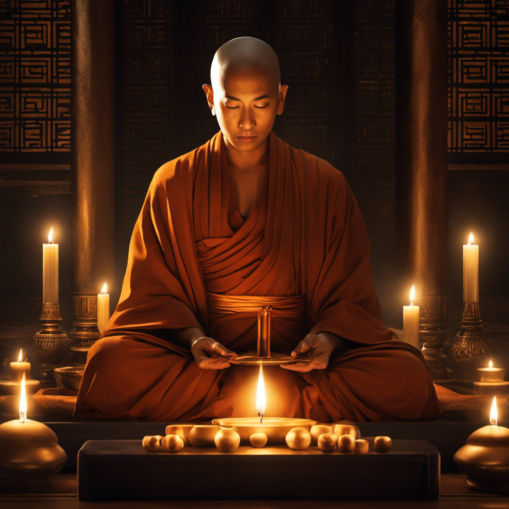 An image that captures a serene Buddhist monk seated in meditation, their clean-shaven head glistening under soft candlelight