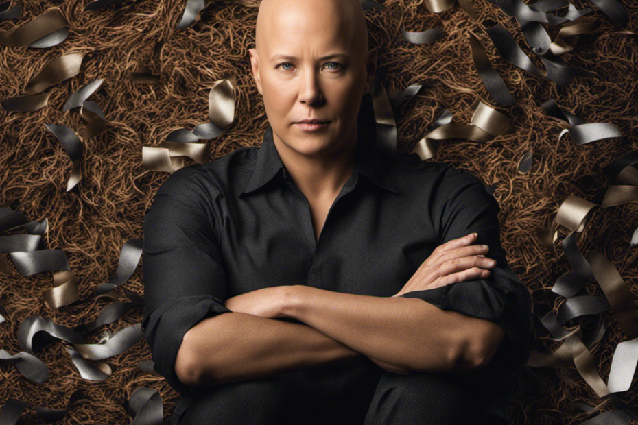 An image capturing the vulnerability and strength of a bald cancer patient, surrounded by a scattered pile of hair clippings, as they embrace their journey towards healing and self-acceptance