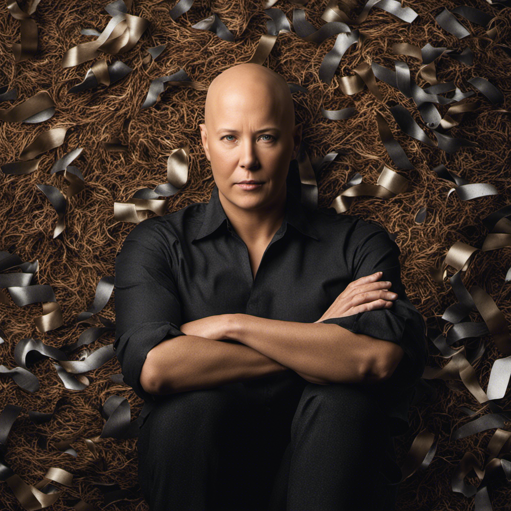 An image capturing the vulnerability and strength of a bald cancer patient, surrounded by a scattered pile of hair clippings, as they embrace their journey towards healing and self-acceptance