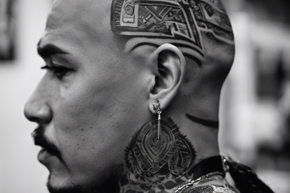 An image showcasing a close-up of a cholo's shaved head, revealing intricately tattooed patterns etched into the scalp