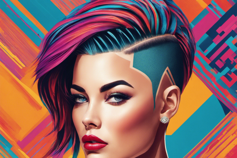 An image showcasing a confident young woman with a vibrant undercut hairstyle